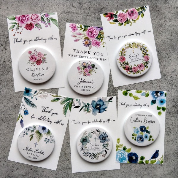 Personalized Baptism Favors: Bottle Opener Magnet, Floral Card