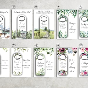 May include: A collection of bottle opener favors with personalized text for birthdays. Each opener features a unique design, including landscape scenes and floral arrangements, with names, ages, and dates. The text "Thank you for celebrating with us!" is also included.