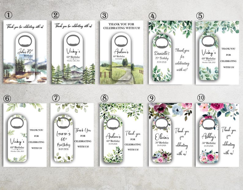 May include: A collection of bottle opener favors with personalized text for birthdays. Each opener features a unique design, including landscape scenes and floral arrangements, with names, ages, and dates. The text "Thank you for celebrating with us!" is also included.