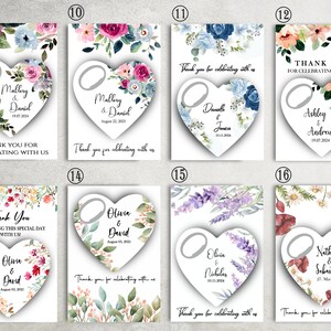 May include: Set of ten wedding favor tags with a heart-shaped bottle opener. Each tag features a floral design with a different color scheme and the names of the couple and their wedding date. The text "Thank you for celebrating with us" is included on each tag.