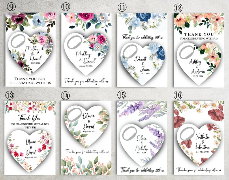 May include: Set of ten wedding favor tags with a heart-shaped bottle opener. Each tag features a floral design with a different color scheme and the names of the couple and their wedding date. The text "Thank you for celebrating with us" is included on each tag.