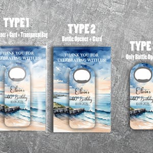 May include: Bottle openers with a beach-themed design, featuring a watercolor illustration of a shoreline with the text "Thank You For Celebrating With Us!" and "Olivia's 60th Birthday 10.09.2026". Available with or without a card and transparent bag.