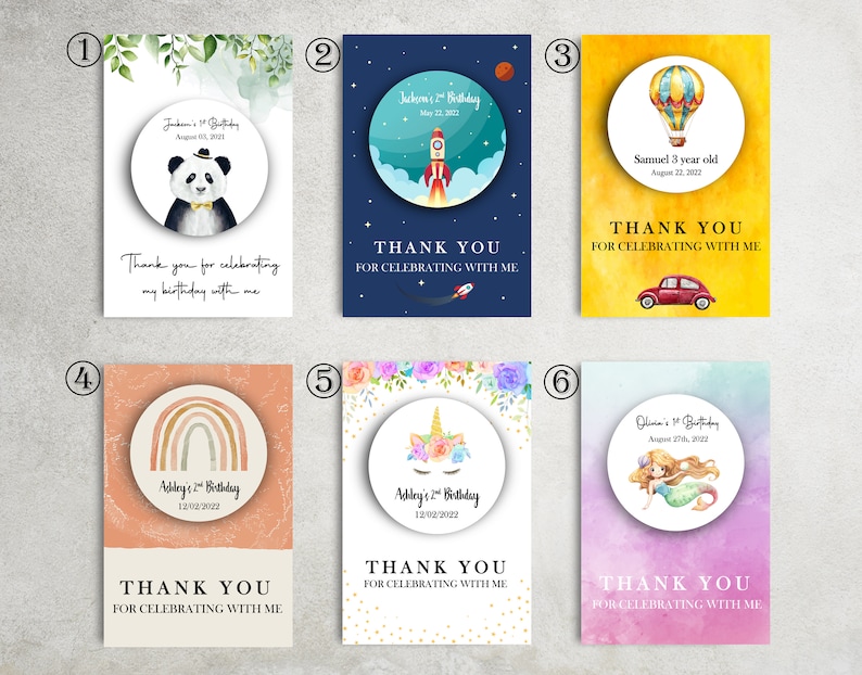 May include: Six colorful thank you cards with different illustrations and text. The cards feature a panda, a rocket ship, a hot air balloon, a rainbow, a unicorn, and a mermaid. Each card has the text "Thank you for celebrating with me".