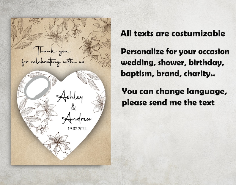May include: A heart-shaped bottle opener with a floral design and the text "Thank you for celebrating with us Ashley & Andrew 19.07.2024".
