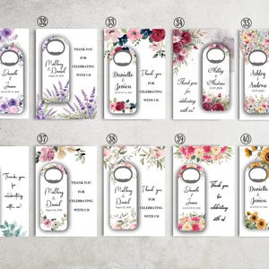 K&ouml;nnte beinhalten: Eine Sammlung von Flaschen&ouml;ffnern mit floralen Designs und personalisiertem Text. Jeder &Ouml;ffner verf&uuml;gt &uuml;ber ein einzigartiges Blumenarrangement, darunter Lavendel, Rosen und Sonnenblumen. Der Text enth&auml;lt Namen und Daten, ideal f&uuml;r Hochzeits- oder Event-Gastgeschenke.