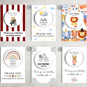 May include: Set of 10 thank you cards with different designs featuring a variety of themes, including birthdays, baby showers, and other celebrations. Each card features a circle with a design and text, such as "Thank you for celebrating my birthday with me".