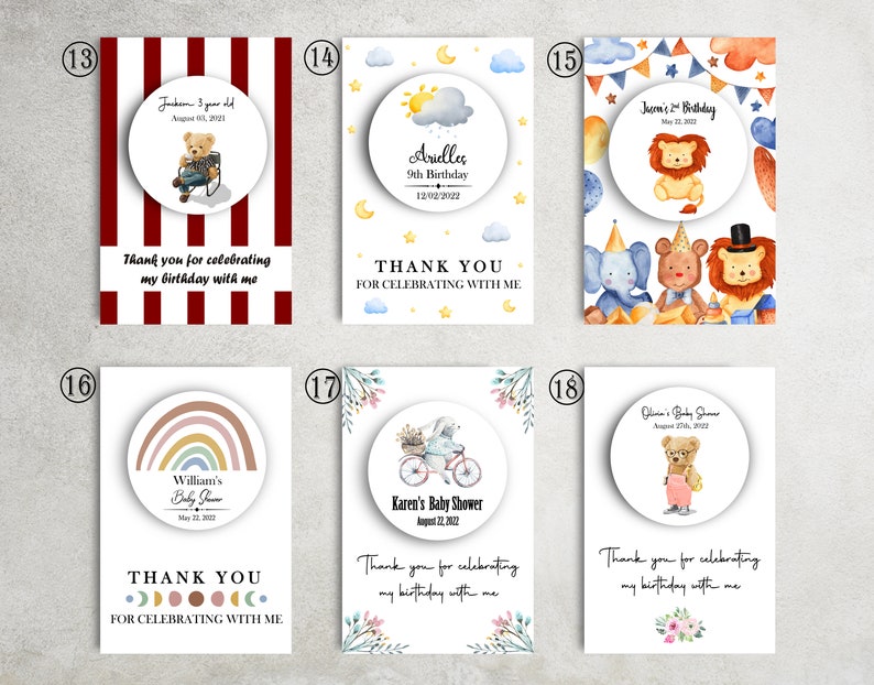 May include: Set of 10 thank you cards with different designs featuring a variety of themes, including birthdays, baby showers, and other celebrations. Each card features a circle with a design and text, such as "Thank you for celebrating my birthday with me".