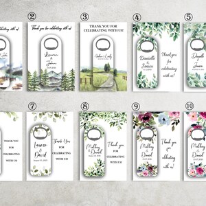 K&ouml;nnte beinhalten: Eine Sammlung von zehn Flaschen&ouml;ffner-Gastgeschenken mit personalisiertem Text und Datum. Jeder &Ouml;ffner hat eine rechteckige Form mit einer kreisf&ouml;rmigen &Ouml;ffnung. Die Designs umfassen Aquarelllandschaften und Blumenarrangements.