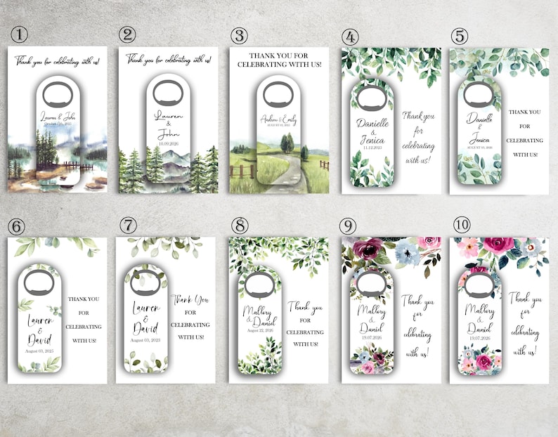 K&ouml;nnte beinhalten: Eine Sammlung von zehn Flaschen&ouml;ffner-Gastgeschenken mit personalisiertem Text und Datum. Jeder &Ouml;ffner hat eine rechteckige Form mit einer kreisf&ouml;rmigen &Ouml;ffnung. Die Designs umfassen Aquarelllandschaften und Blumenarrangements.
