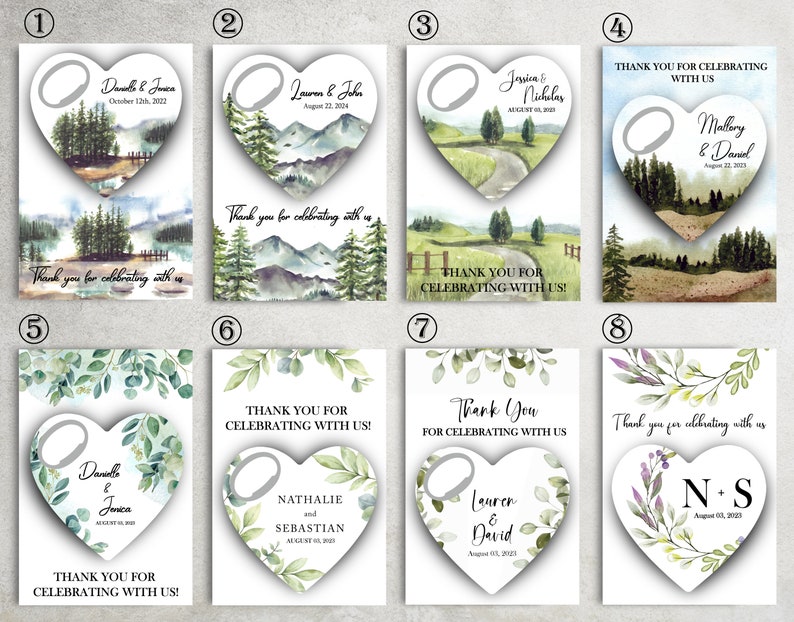 May include: Ten different wedding favor tags with a heart-shaped design. Each tag features a watercolor illustration of a forest scene with a ring pull bottle opener. The tags include the names of the couples and their wedding dates.
