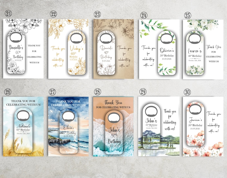 May include: A collection of bottle opener favors with personalized birthday messages. Each opener is attached to a card with floral or scenic backgrounds. The cards include names, ages, and dates, with the phrase "Thank you for celebrating with us!"