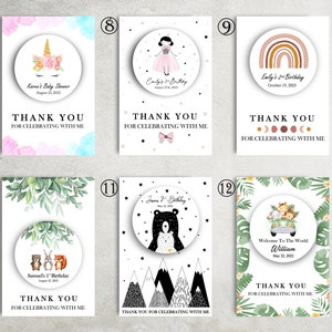 May include: Set of 6 thank you cards with different designs. Each card features a circle with a cute illustration and text. The illustrations include a unicorn, a princess, a rainbow, a bear, a group of woodland animals, and a car with animals. The text includes the name of the event, the date, and the phrase "Thank you for celebrating with me."