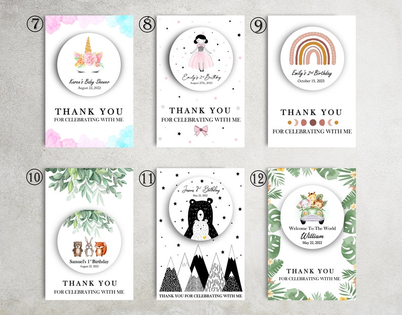 May include: Set of 6 thank you cards with different designs. Each card features a circle with a cute illustration and text. The illustrations include a unicorn, a princess, a rainbow, a bear, a group of woodland animals, and a car with animals. The text includes the name of the event, the date, and the phrase "Thank you for celebrating with me."