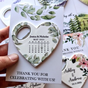 save the date magnet calendar / Customizable Wedding Favor For Guests in Bulk / heart shaped Bottle Opener Magnet / Leaf themed magnet