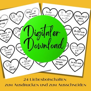 Könnte beinhalten: Digitaler Download von 24 herzförmigen Botschaften auf Deutsch. Jedes Herz enthält einen romantischen Satz in schwarzer Schrift. Ein großer grüner Kreis mit den Worten "Digitaler Download" befindet sich in der Mitte.