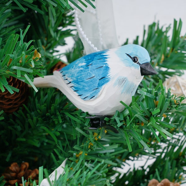 Blue Bird Wood Carving, Bird Wooden Sculpture, Artificial Decorative Birds, Clip-On Bird Ornaments for Tree, Gifts for Animal Lovers