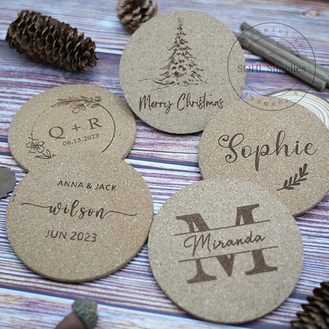 Engraved Coaster With Family Names, Personalized Cork Round Coaster