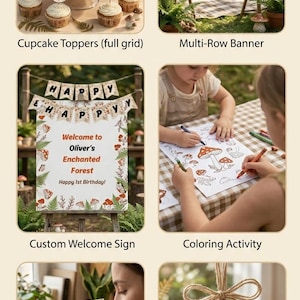 Op de afbeelding: Een compleet paddenstoelbos verjaardagsbundel met cupcake toppers, een multi-rij banner, een aangepast welkomstbord, kleuractiviteit, uitnodigingen en bedanklabels. Het thema omvat paddenstoel- en boselementen.