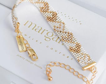 Gold Herz Miyuki Delica, Loom Bead Armband, Einfaches Armband Muster, Gold Loom Bead Muster, Valentinstag Schmuck - Vianne