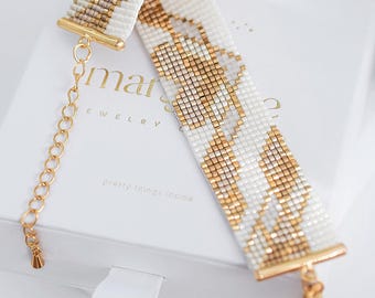 Gold Miyuki Loom Bead Muster, Herz Miyuki Delica Armband Muster, Quadratstich Muster, Geometrisches Perlenmuster - Verity