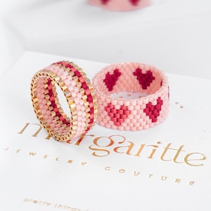 Motif de bague en perles et coeurs, motif peyotl rose (téléchargement numérique)