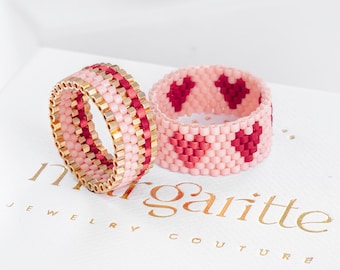 Hearts Beaded Ring Pattern, Pink Peyote Pattern (Digital Download)