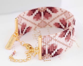 Floral Loom Bracelet Pattern, Pink Rose Gold Bead Loom Pattern, Miyuki Delica Bracelet, Cross Stitch Instant Download Pattern - Norah
