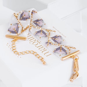 Blumen Loom Bead Muster, Miyuki Delica Armband Muster, Quadrat Stich Muster, Violett Lila Gold Armband - Ralissa