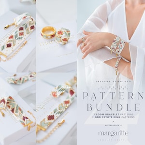 May include: A pattern bundle featuring beaded jewelry designs. The image showcases a variety of bracelets and rings with geometric patterns in white, red, and green. The text reads "PATTERN BUNDLE" and "MIYUKI DELICA 11".