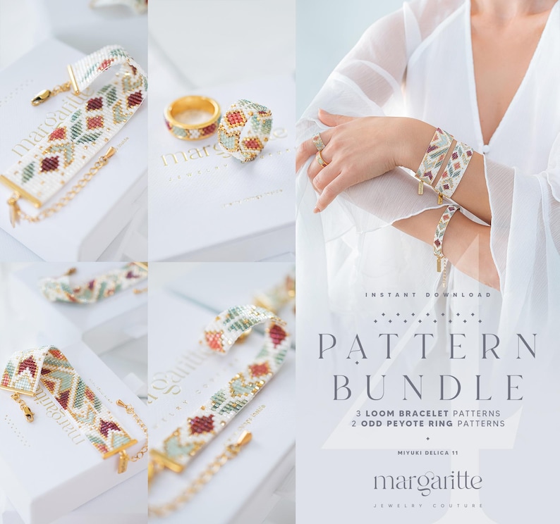 May include: A pattern bundle featuring beaded jewelry designs. The image showcases a variety of bracelets and rings with geometric patterns in white, red, and green. The text reads "PATTERN BUNDLE" and "MIYUKI DELICA 11".