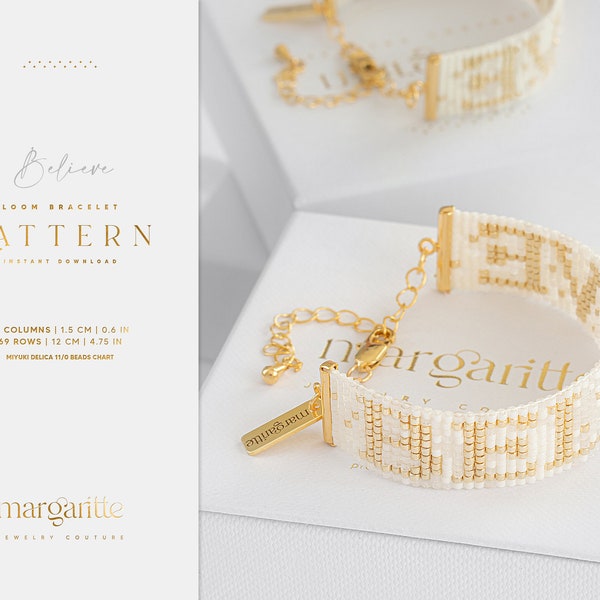 Believe Bracelet, Miyuki Loom Bracelet Pattern, Gold Bead Loom Pattern, Miyuki Delica Bracelet - Believe