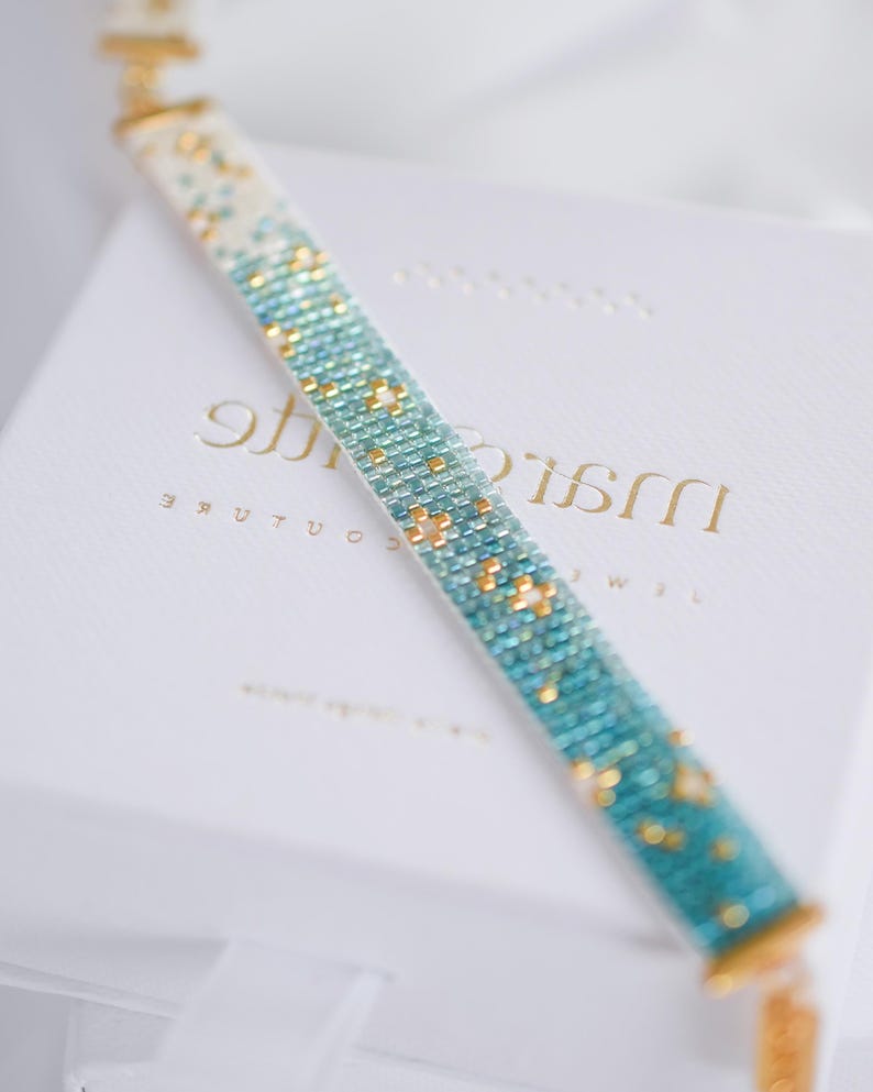 Geometric bead loom pattern • Miyuki Delica bracelet • Blue gold cuff • Narrow beaded bracelet • DIY jewelry PDF • Seed bead design • Azzura image 3