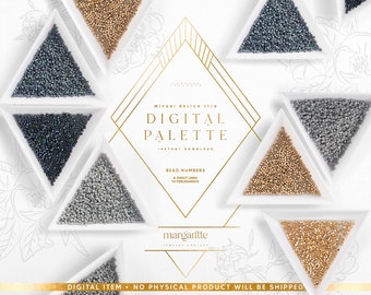 May include: A digital bead palette featuring Miyuki Delica 11/0 beads in four colors: gold, silver, dark gray, and light gray. The beads are displayed in triangular dishes on a white background with a floral pattern.