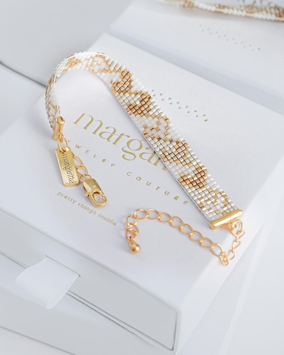 Gold Heart Miyuki Delica, Loom Bead Bracelet, Easy Bracelet Pattern, Gold Loom Bead Pattern, Valentine Jewellery - Vianne