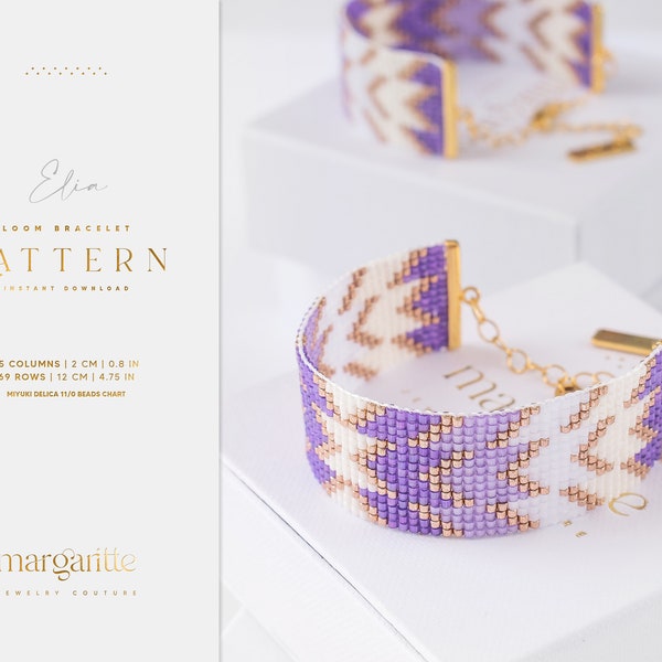 Violet Miyuki Bracelet Pattern, Purple Bead Loom Pattern, Silk Satin Seed Bead Pattern, Cross Stitch, Brick Stitch Jewellery Pattern - Elia