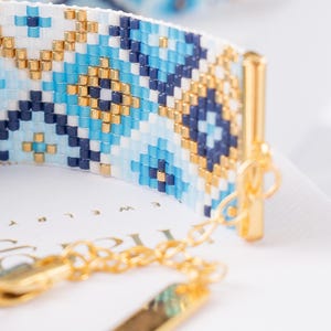 Modello per bracciale con telaio di perline, modello per bracciale Miyuki, modello per perline blu, blu navy, oro - Harbor