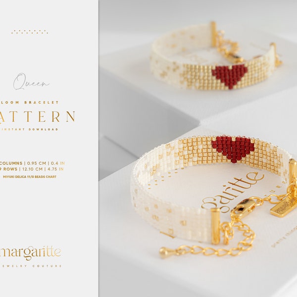 Herz Loom Perlenarmband, einfaches Armband Muster, Gold Loom Perlenmuster, Valentine Schmuck, Miyuki Delica Armband - Königin