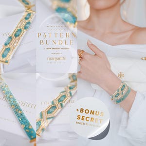 May include: Beaded bracelets in turquoise, gold, and white with geometric designs. The image includes a white handbag and a pattern bundle with the text "Pattern Bundle" and "margaritte". The bracelets are displayed on a white surface.