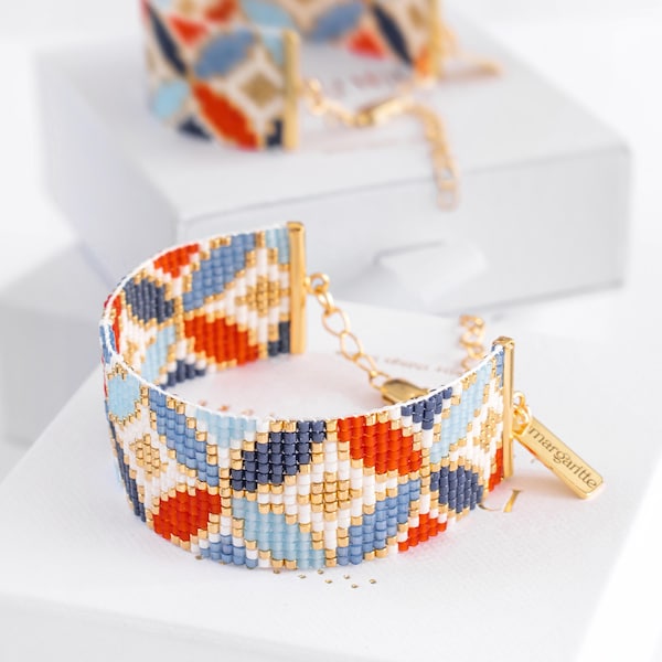 Geometric Loom Bead Pattern, Blue Gold Bracelet Pattern, Miyuki Seed Bead Pattern - Tommy