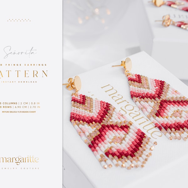Pink Beaded Fringe Earrings Pattern, Brick Stitch Pattern, Fringe Earrings PDF Tutorial, Art Deco Jewellery - Señorita