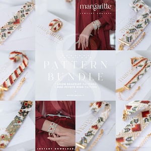 以下が含まれることがあります： 織りブレスレットパターンと奇数ペヨーテリングパターンをフィーチャーしたパターンバンドル。画像には、赤、緑、白のデザインのさまざまなビーズブレスレットとリングが表示されています。「margaritte」と「PATTERN BUNDLE」の文字が見えます。