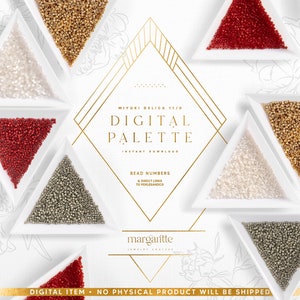 Op de afbeelding: Een digitaal palet met Miyuki Delica 11/0 kralen in zes kleuren: goud, zilver, wit, rood, lichtgroen en donkergroen. De kralen worden gepresenteerd in driehoekige schalen op een witte achtergrond. De tekst "MIYUKI DELICA 11/0 DIGITAL PALETTE" wordt weergegeven in gouden letters. De tekst "BEAD NUMBERS & DIRECT LINKS TO PERLESANDCO" wordt weergegeven in zwarte letters. De tekst "margaritte JEWELRY COUTURE" wordt weergegeven in gouden letters. De tekst "DIGITAL ITEM - NO PHYSICAL PRODUCT WILL BE SHIPPED" wordt weergegeven in zwarte letters.