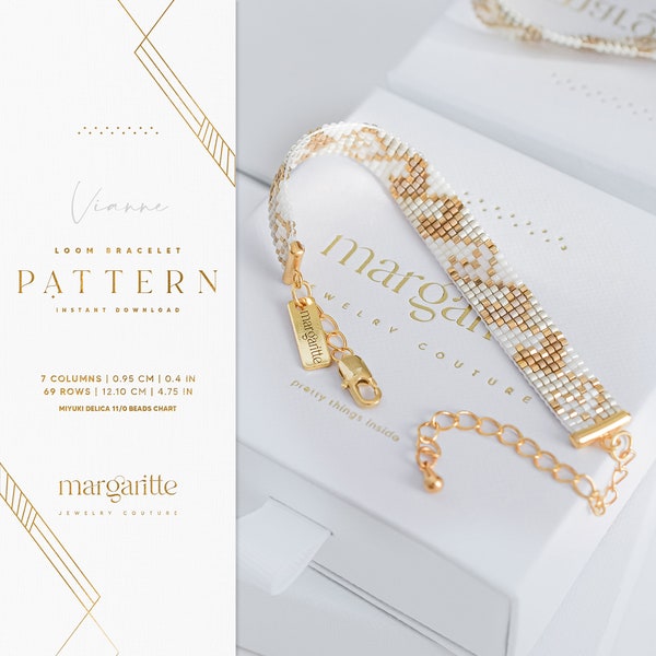 Miyuki Delica coeur doré, bracelet perles sur métier à tisser, motif de bracelet facile, motif perles sur métier à tisser en or, bijoux de la Saint-Valentin - Vianne