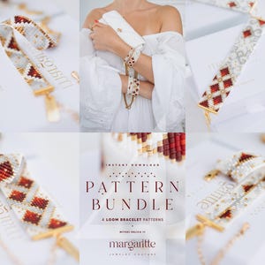 Könnte beinhalten: Eine Sammlung von Armbändern mit roten, goldenen und weißen Perlen, präsentiert auf weißen Hintergründen. Die Abbildung zeigt verschiedene Armbanddesigns. Der Text "PATTERN BUNDLE" und "margaritte" sind sichtbar. Eine Person trägt ein weißes Kleid.