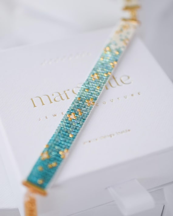 Geometric bead loom pattern • Miyuki Delica bracelet • Blue gold cuff • Narrow beaded bracelet • DIY jewelry PDF • Seed bead design • Azzura