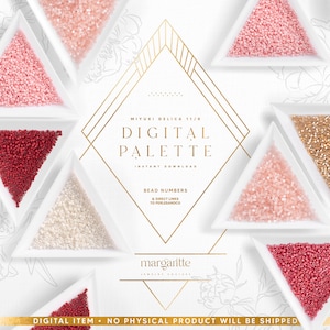 Puede incluir: Una paleta digital de cuentas Miyuki Delica 11/0 en seis colores: blanco, rosa claro, rosa oscuro, rojo, dorado y marrón claro. Las cuentas se muestran en platos triangulares sobre un fondo blanco con un diseño geométrico dorado.