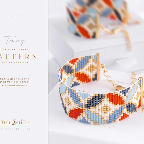 Geometric Loom Bead Pattern, Blue Gold Bracelet Pattern, Miyuki Seed Bead Pattern - Tommy