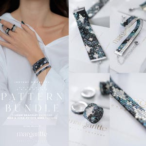 Peut inclure: Collection de bijoux perlés, comprenant des bracelets et des bagues, dans des tons de noir, blanc et sarcelle. Les bijoux présentent des motifs et des dessins complexes. L'image comprend également le texte "PATTERN BUNDLE" et "margaritte".