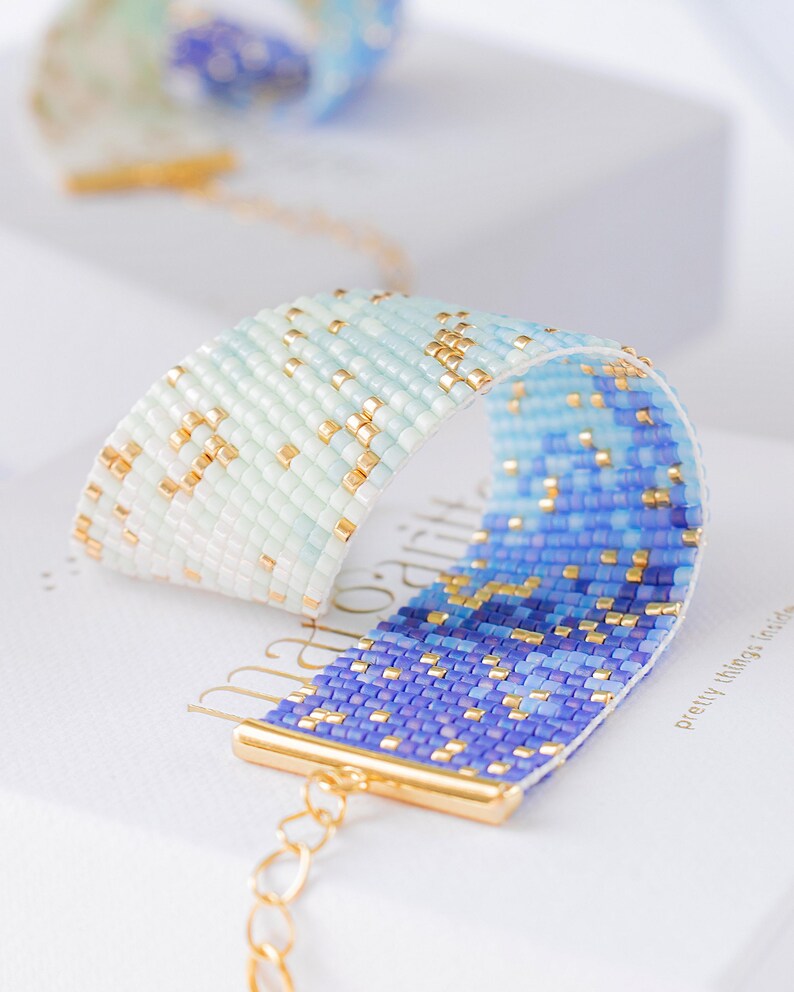 Patrón de cuentas Ombre Loom, patrón de pulsera Miyuki, patrón de punto ladrillo, pulsera de cuentas de semillas violeta y menta - Aurora imagen 3