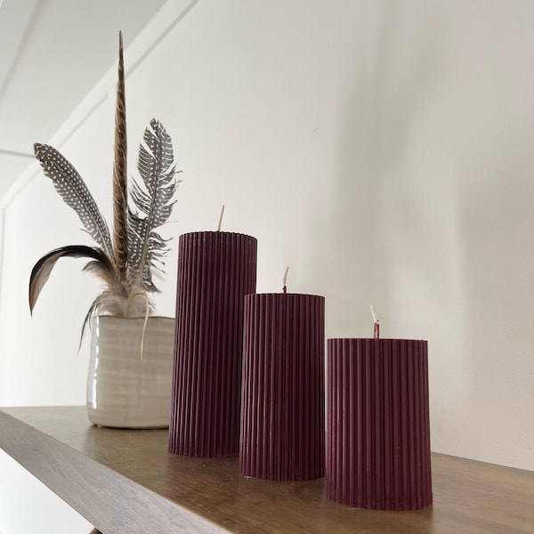 Ribbed Pillar Candles - Burgundy